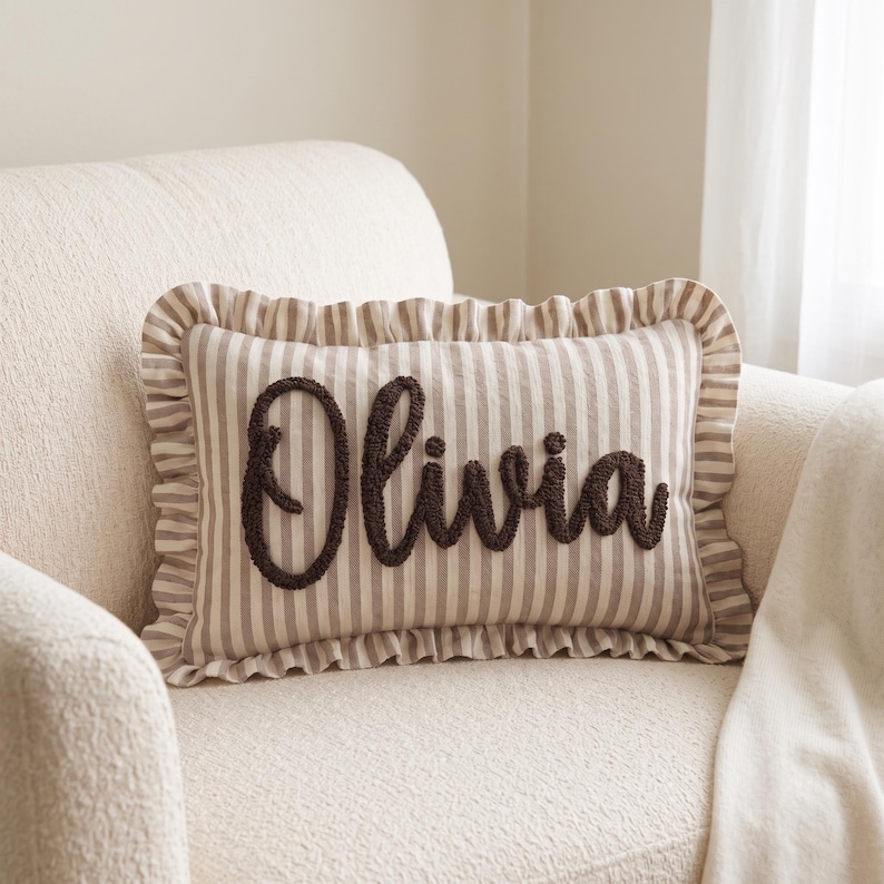 Custom Name Embroidered Pillow for Baby, Striped Ruffle Nursery Decor Cushion image 7