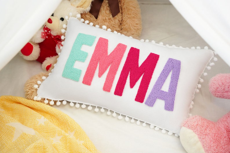 Personalized Name Punch Needle Pillow, Baby Shower Gift, Toddler Birthday Gift, Nursery Decor,Custom Baby Gift, Christmas Gift, Pom Pom Trip image 2