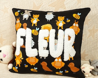 Almohada de bebé personalizada con bordado a aguja mágica, decoración de lino para la habitación del bebé