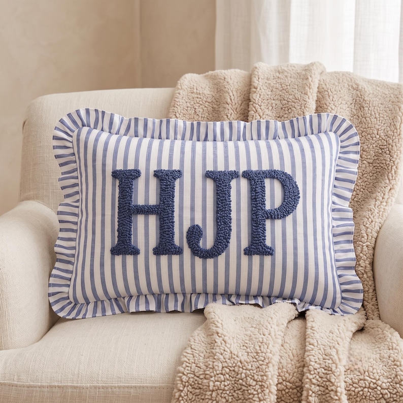 Monogram Custom Embroidered Pillow: Personalized College Gift Dorm Decor, Striped Ruffled Cushion image 5