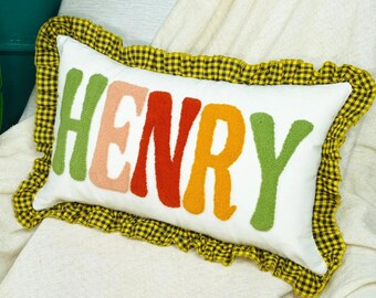 Benutzerdefinierte Baby Boy Name Punch Nadel Kissen: Blaues Gingham Kissen, Kleinkind Zimmer Dekor