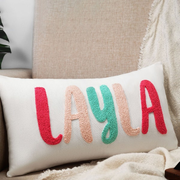 Custom Name Punch Needle Pillow, Personalized Monogram Pillow, Baby Shower Gift, New Mom, Gift for Kids, Baby Announcement, New Baby Gift
