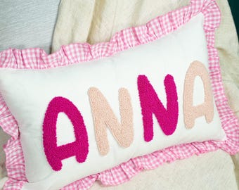 Custom Name Pillow with Punch Needle Embroidery: Gingham Ruffle, Soft Nursery Decor