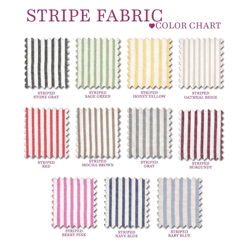 a color chart of various striped fabric swatches, each with a different color and pattern.