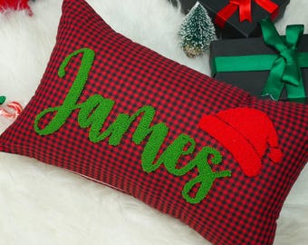 Custom Christmas Gift Punch Needle Pillow: Embroidered Name Holiday Cushion with Icon