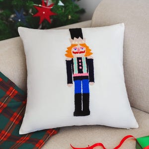 Nutcracker Christmas Pillow Cover, Handmade Punch Needle Cushion