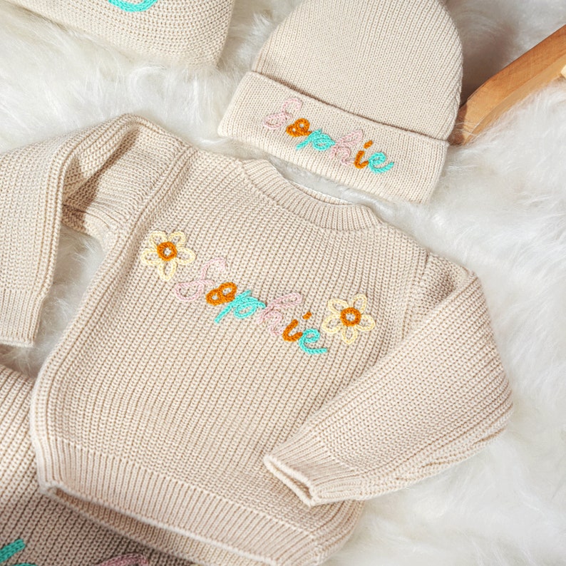 Embroidered Baby Name Sweater, Knitted Baby Sweater, Baby Shower Gifts, New Born Gift, Custom Baby Girl Gift, Personalized Baby Girl Sweater image 2
