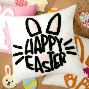 Custom Happy Easter Bunny Tufted Pillow, Easter Decorations, Spring Decorations, Embroidered Bunny, Scavenger Hunt Easter Egg Pillow Gift