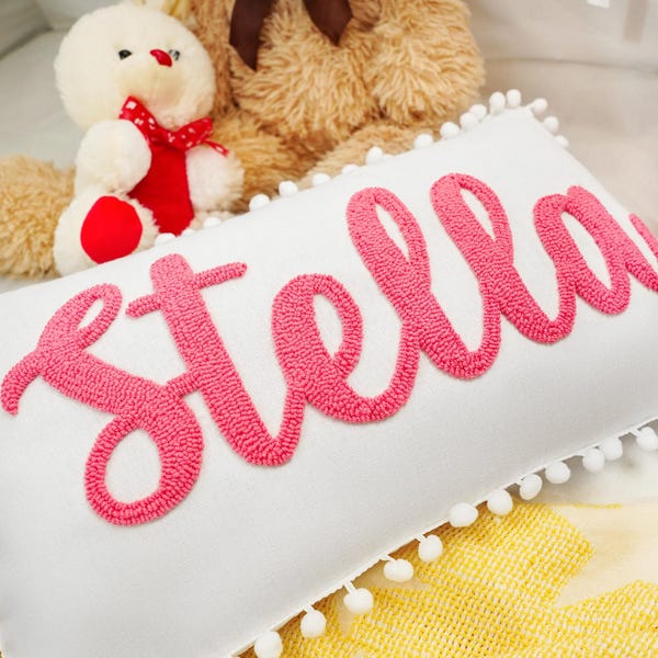 Personalized Name Punch Needle Pillow, Baby Shower Gift, Toddler Birthday Gift, Nursery Decor,Custom Baby Gift, Christmas Gift, Pom Pom Trip