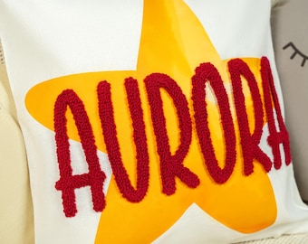 Embroidered Baby Name Pillow Cover, Punch Needle Nursery Decor