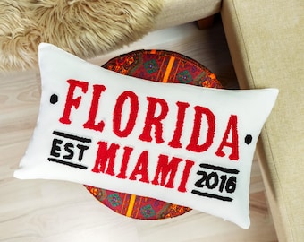 Personalized State Map Punch Needle Pillow, Embroidered Linen Throw Pillow, Housewarming Gift