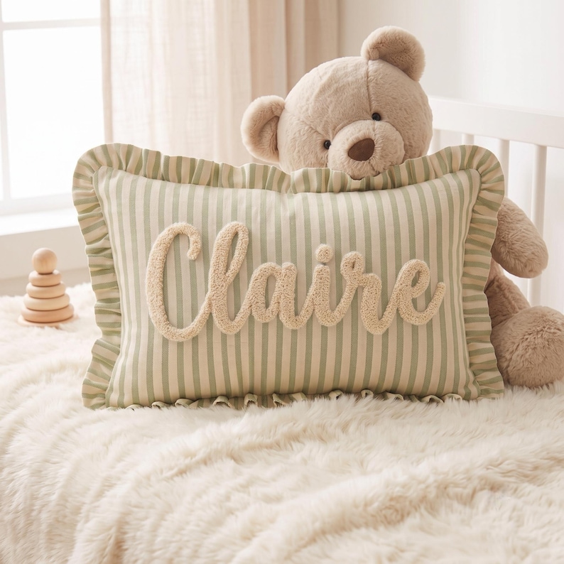 Custom Name Embroidered Pillow for Baby, Striped Ruffle Nursery Decor Cushion image 5