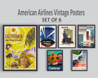 American Airlines-posterset, vintage reisposters luchtvaartmaatschappij, muurkunst luchtvaart