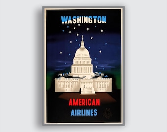 Póster vintage de aerolínea de Washington D.C. – Arte mural de American Airlines Capitol Travel, impresión de aviación retro