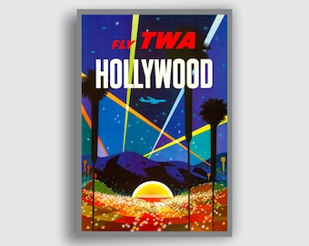 Vintage TWA Hollywood Travel Poster | Retro Airline Wall Art, Mid-Century Modern Aviation Print