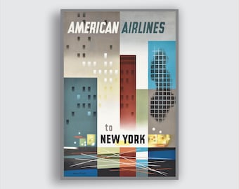 Póster vintage de American Airlines a Nueva York: arte mural de viajes urbanos de mediados de siglo, impresión clásica de aerolíneas.