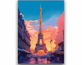 Paris Eiffel Tower Vintage Travel Poster | France Wall Art Print | Romantic Paris City Illustration