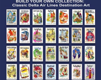 Puede incluir: Una colección de veintiocho carteles de viaje de estilo vintage titulada BUILD YOUR OWN COLLECTION: Classic Delta Air Lines Destination Art. Cada impresión rectangular presenta ilustraciones coloridas de varias ciudades y regiones con el logotipo de Delta Air Lines.
