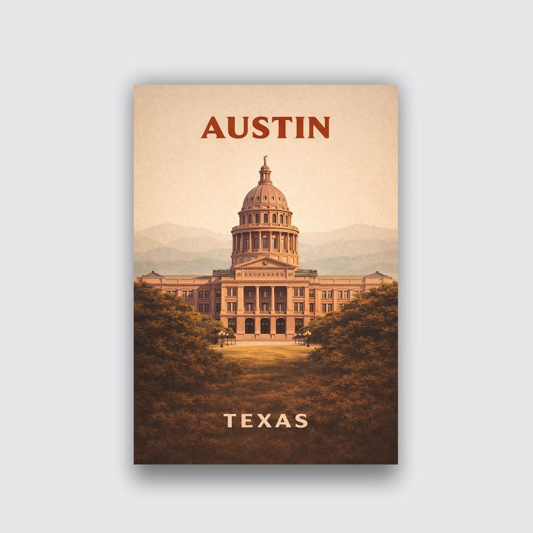 Austin Texas Vintage Travel Poster, State Capitol Wall Art, Retro ...