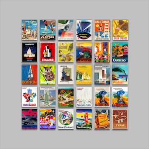 May include: A collection of thirty vintage-style American Airlines travel posters arranged in a grid. Each rectangular print features colorful illustrations of global destinations, landmarks, and aircraft, with bold typography identifying locations like California, New York, and Mexico.