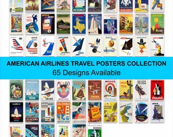 May include: A collection of 65 vintage-style American Airlines travel posters featuring diverse destinations and landmarks, including cities like New York, Chicago, and Mexico, with graphic illustrations, bold typography, and the American Airlines logo.