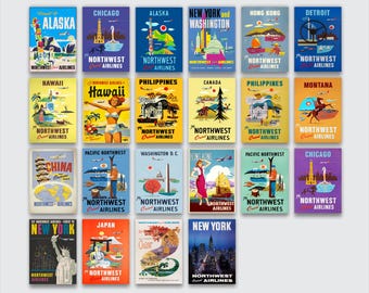 Custom Northwest Airlines Style Poster Set of 6 – Vintage Airline Travel Posters – Retro Aviation Wall Art – Personalized Destination Prints