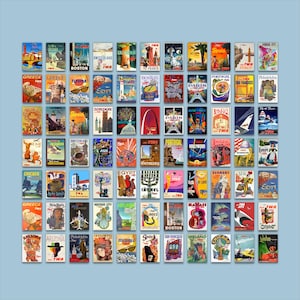 Pode incluir: Uma coleção de noventa e nove cartazes de viagem vintage da TWA dispostos em uma grade. Cada cartaz retangular apresenta ilustrações coloridas de destinos globais, marcos e aviões, com texto identificando cidades, países e a marca TWA.