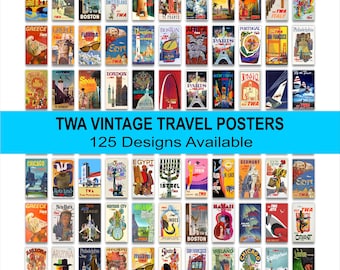 Puede incluir: Una colección de carteles de viaje vintage de TWA rectangulares que muestran varios destinos y puntos de referencia globales. La imagen incluye el texto TWA VINTAGE TRAVEL POSTERS 125 Designs Available. Cada cartel muestra ilustraciones coloridas y tipografía.