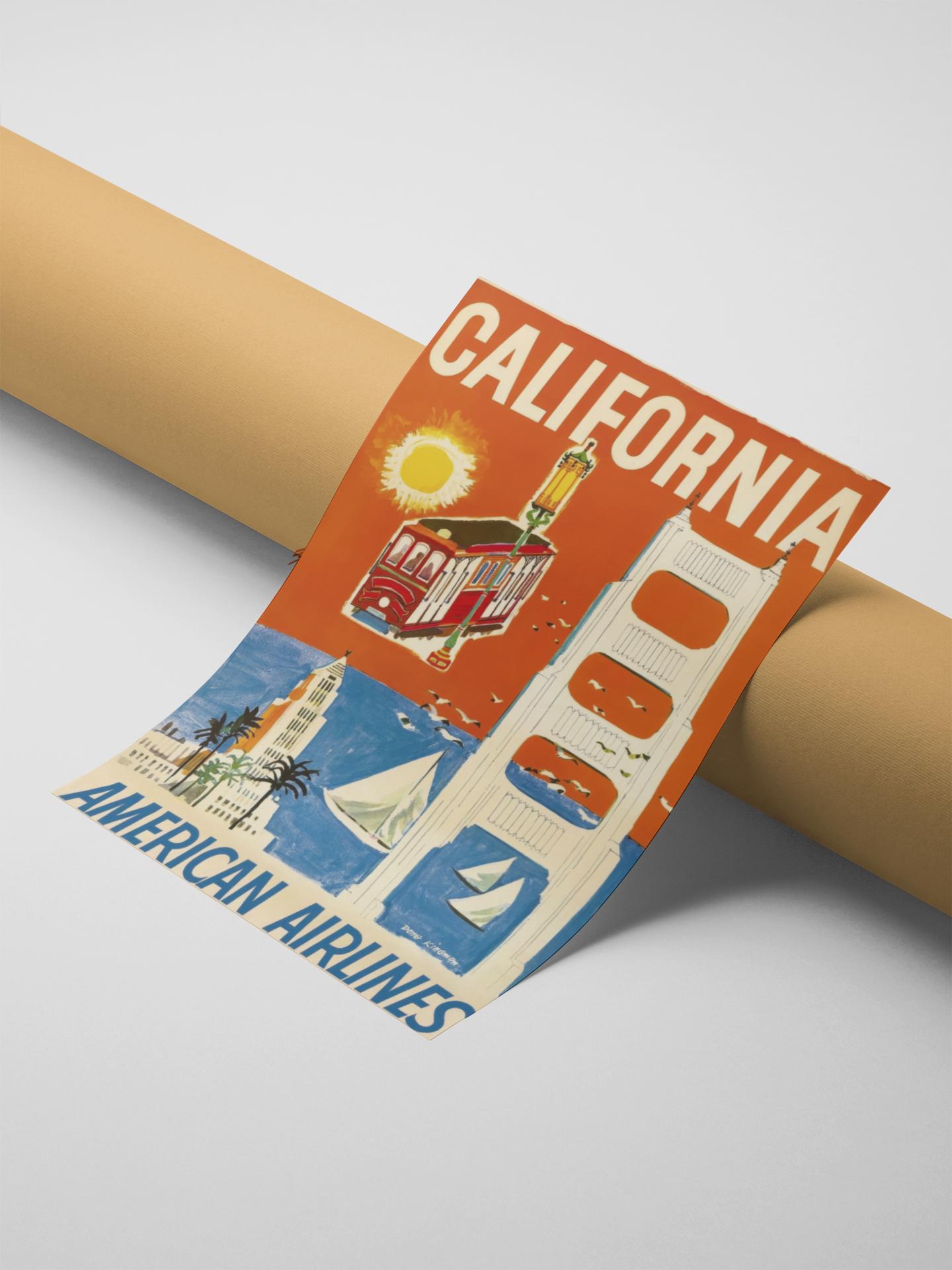 American Airlines California Vintage Poster – Retro Travel Wall Art,  Classic Aviation Decor, Mid-Century Airline Print