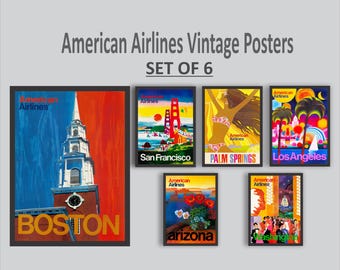 American Airlines Vintage Poster Set-Retro Travel & Aviation Wall Art Prints, Airline decor for Living Room, Offise, Bedroom