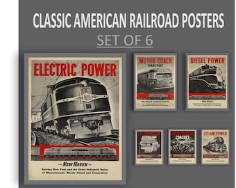 New Haven Railroad Posters Set of 6 – Vintage Railway Wall Art, Retro Mid-Century Travel Prints, Historic Train Decor
