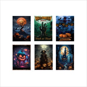 Spookachtige Halloween-kunstprintset – Spookhuis en maanverlichte pompoenen