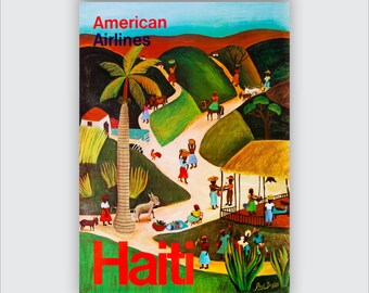 Haiti Vintage Travel Poster | American Airlines Caribbean Wall Art | Retro Island Landscape Print | Haitian Folk Art Decor
