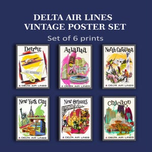 Puede incluir: Un conjunto de seis p&oacute;steres de viaje vintage de Delta Air Lines con ilustraciones de Detroit, Atlanta, Carolina del Norte, Nueva York, Nueva Orleans y Chicago. Cada l&aacute;mina rectangular muestra monumentos ic&oacute;nicos, arte gr&aacute;fico colorido y el texto Delta Air Lines.