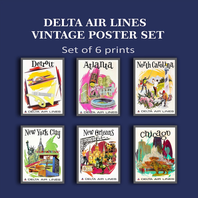 Puede incluir: Un conjunto de seis p&oacute;steres de viaje vintage de Delta Air Lines con ilustraciones de Detroit, Atlanta, Carolina del Norte, Nueva York, Nueva Orleans y Chicago. Cada l&aacute;mina rectangular muestra monumentos ic&oacute;nicos, arte gr&aacute;fico colorido y el texto Delta Air Lines.