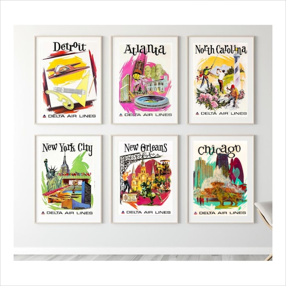 1970s Delta Air Lines Poster Set of 6 - Vintage City Travel Prints, Retro Aviation Wall Art for Home or Office