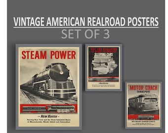 New Haven Railroad Posters Set of 3 – Vintage Power & Comfort Prints, Retro Train Wall Art, Mid-Century Railway Decor