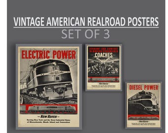 New Haven Railroad Posters Set of 3 – Vintage Power & Comfort Prints, Retro Train Wall Art, Mid-Century Railway Decor