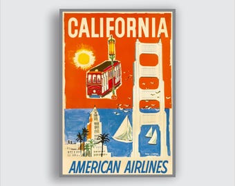 American Airlines California Vintage Poster – Retro Travel Wall Art, Classic Aviation Decor, Mid-Century Airline Print