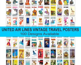 Puede incluir: Una colección de carteles de viaje vintage rectangulares de United Air Lines con varias ilustraciones coloridas de ciudades y puntos de referencia con etiquetas de texto. La pancarta central dice UNITED AIR LINES VINTAGE TRAVEL POSTERS 100 Designs Available.