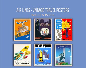 Fluggesellschaften Vintage Reiseposter Set mit 6 – Retro Luftfahrt Wandkunst, Fluggesellschaften-Drucke aus der Mitte des Jahrhunderts, Klassische USA Städtereise-Dekoration.