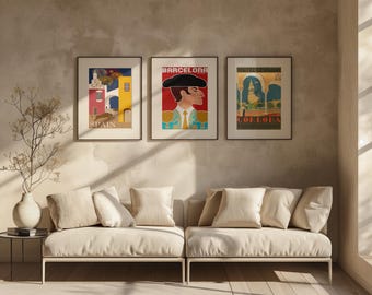 Barcelona Cordoba Spain Poster Set, Spain Travel Posters, Set of 3 Spanish City Prints, Vintage Europe Wall Art