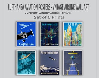 Deutsches 6er Set Fluglinien – Retro Flugreisen, Flugreisen, Mid Century Bordüren Dekor