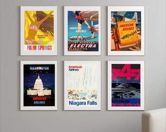 American Airlines Vintage Poster Set of 6 – Retro Travel & Aviation Wall Art Prints, Classic Airline Decor for Living Room, Office, Bedroom