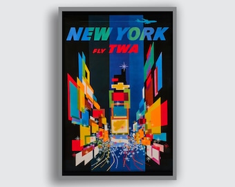 Poster di viaggio vintage della TWA di New York / Stampa murale di compagnie aeree di metà secolo, stampa aeronautica retrò