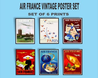 Vintage Air France Poster Set - Retro Reise & Luftfahrt Wandkunst, Fluglinien Dekor Prints für Zuhause oder Offise