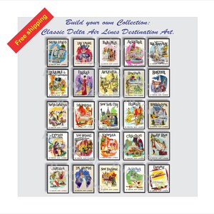 Delta Air Lines Custom Poster Set of 6 - Vintage Travel Prints, Mid-Centuri Aviation Art, Airline Decor, Airplane Poster