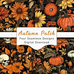 Autumn Pumpkin Patch Skulls and Leaves Vintage Halloween Junk Journal Scrapbook Seamless Design Digital Download Paper