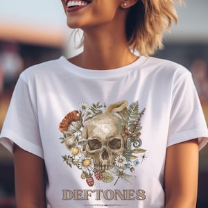 Deftones Skull and Flowers Unisex Tee, Alternative Rock Band Shirt, Soft Cotton Graphic Tee, Stylish Concert Apparel, Music Lover Gift