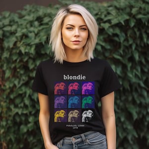 May include: Black t-shirt with a colorful graphic of Blondie's face and the text "Blondie Parallel Lines 1978".